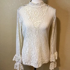 Nightcap Clothing Ivory Stretch Lace Top, Size 4, high neck, long sleeve