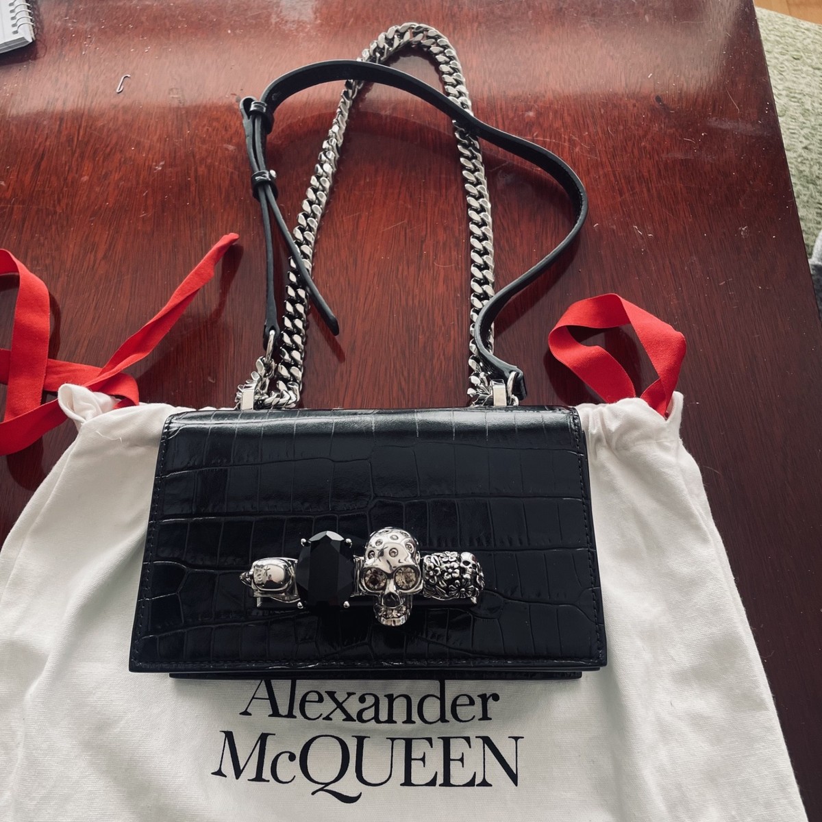 Alexander McQueen Mini Jeweled Satchel Black Croc Embossed Leather