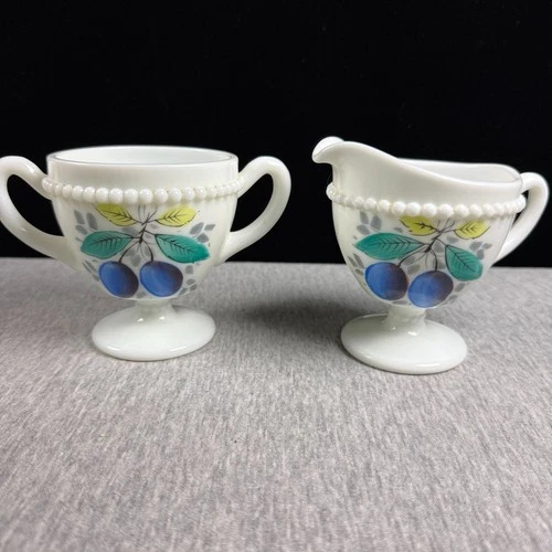 VTG Westmoreland Milk Glass Beaded Edge Hand Painted Plum Creamer & Sugar Set