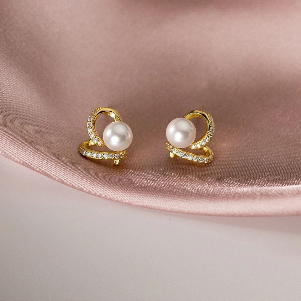 Lindo pendiente de corazón de circonita cúbica perla de plata esterlina S925 real para mujer Foto 3 de 4