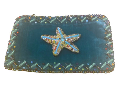 Coin Purse/Pouch- seed bead STARFISH  velvet -blue green color -zippered top