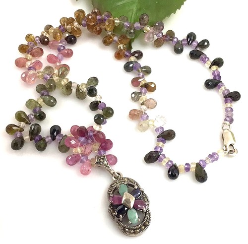 Natural Multi-Color Tourmaline beads & Pendant .925 Sterling Silver Necklace - Picture 5 of 5