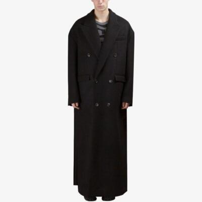Long Loose Wool Blend Coat Mens Double-breasted Side Slit Overcoat