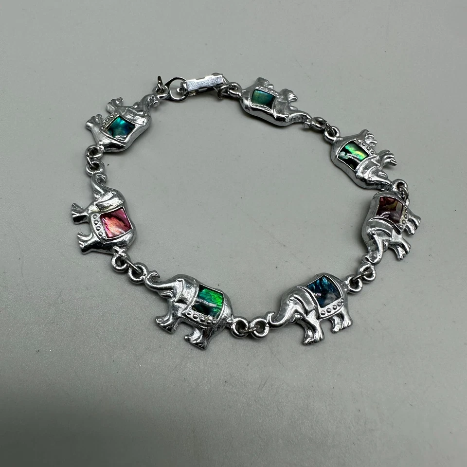 Elephant Bracelet Silver Tone Multicolored Abalone Shell Inlay Trunks Up 7.5" - Image 3 of 4