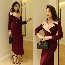 Dressy Women's Long Jacket Dresses Business Casual Double Breasted 1 Pcs