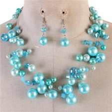 Multi Blue Glass Faux Pearl necklace Earring Set