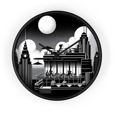 Home Decor Wall Clock Art Deco Moonlit Cityscape Rooftop Social Party Luxury