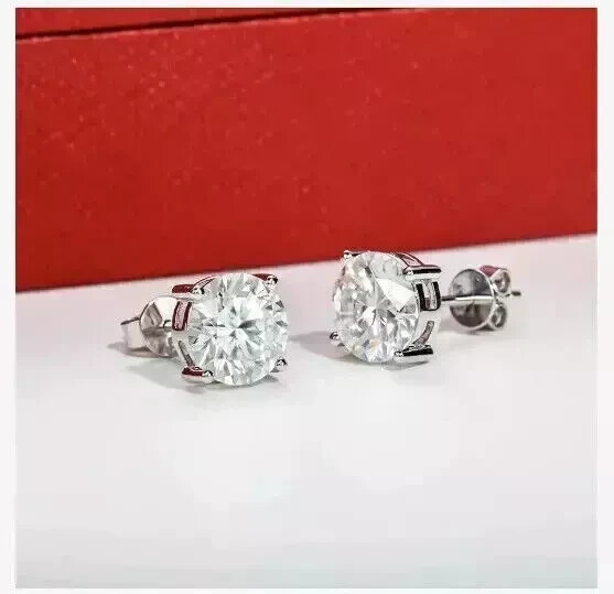 4Ct Round Lab Diamond Solitaire Stud Earrings in 14K White Gold