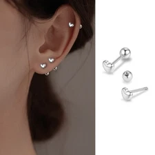 Women Girl Sterling silver 925 Heart Ball Screw Back Stud Earrings Gift PE5