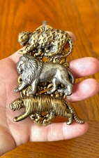 Lion, Tiger, & Jaguar Goldtone Scarf/Dress Clip Signed Artist by Cappy