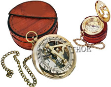 Beautiful Brass Sundial Compass with Brown Leather Case  Chain  Push Open Comp
