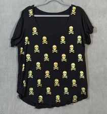 Betsey Johnson Black T Shirt Top Scoop Neck Gold Crossbones Skull Goth Whimsical