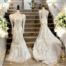 Vintage Private Label by G Mermaid Wedding Gown Size 12 Ivory Beaded High Neck