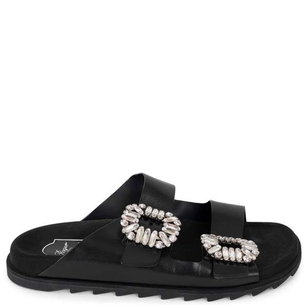 73525 authentische Roger Vivier schwarze Leder SLIDY VIV CRYSTAL SLIDE Sandalen Schuhe 39