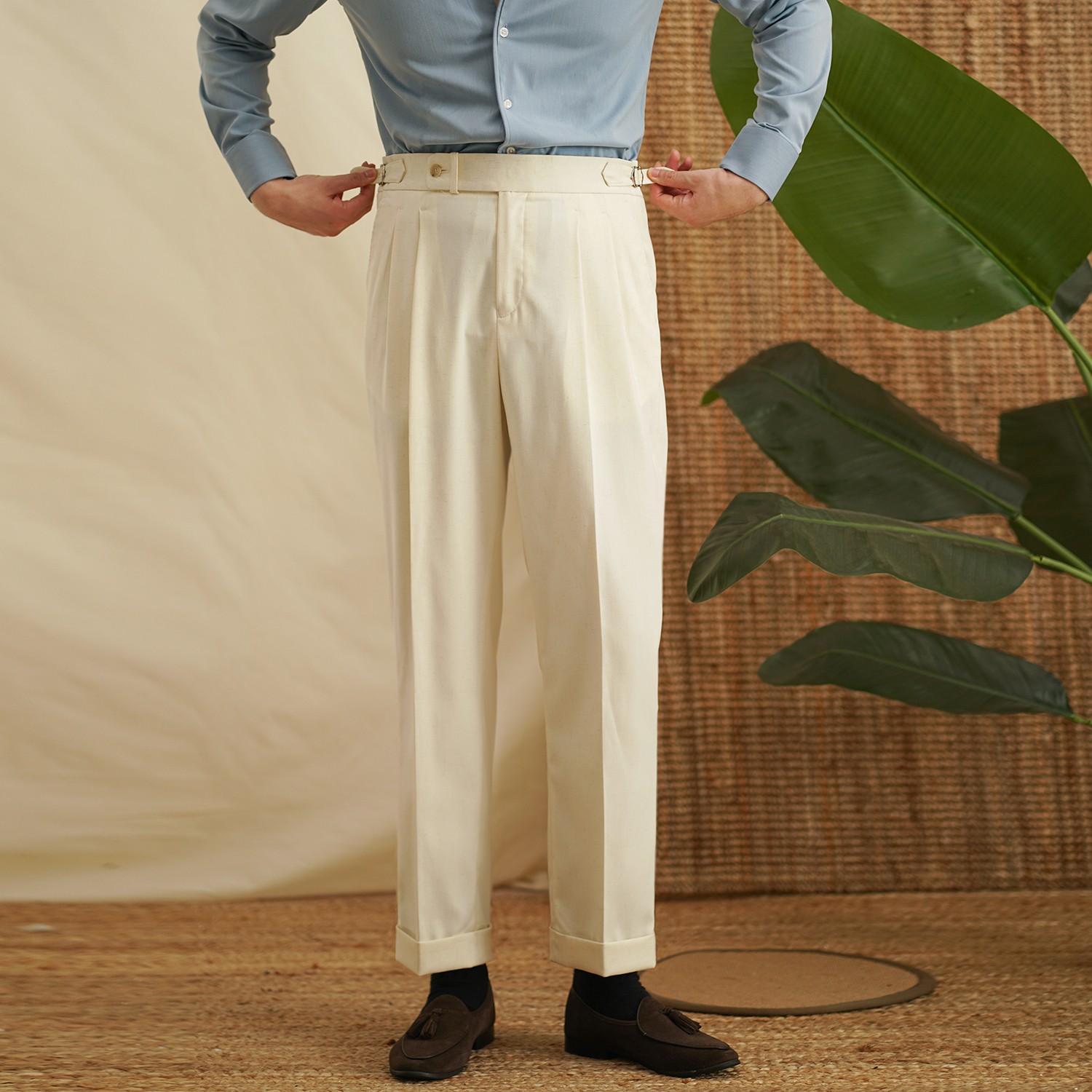 New Linen Naples High Waisted Pants Mens Business Straight Leg Suit Casual Pants