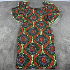 African Wax Print Ankara Ruffle Sleeve Midi Dress Orange Green Geometric Pattern
