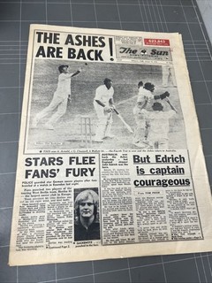 VINTAGE NEWSPAPER THE SUN 1975 1970s CRICKET ASHES CHAPPELL AUSTRALIA ENGLAND AD