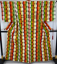 Japanese Vintage Kimono Cotton Green No Lining Traditional Authentic Length 62in