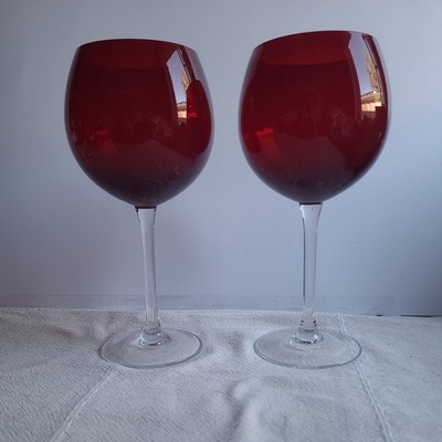 RUBY RED WINE GLASSES, Set of 2 Full bodied glass Clear Glass stem 9'' Ht