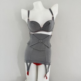 AGENT PROVOCATEUR Tweed Set THORA Pin-Up Bra Garter Belt WASPIE 34C M L 3 4 y2k