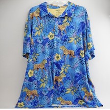 Birdie Bound Polo Shirt Mens 3XL Blue Leopard Tropical Print Stretch