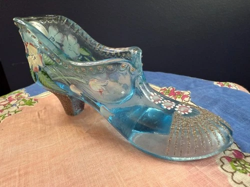 Fenton Art Glass Ice Blue Shoe Hand Painted Flowers with Gold Accents