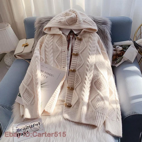 OFF WHITE Cappotto maglione con cappuccio twist autunno donna sciolto esterno pigro maglia cardigan