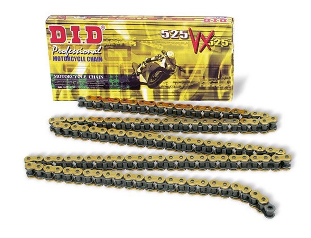 Chaîne DID 525 VX3 super rigide couleur or 104 maillons anti-friction pour moto