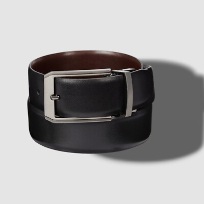$140 Perry Ellis Men's Black Brown Leather Reversible Buckle Logo Dress Belt 40