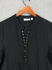 QVC Susan Graver Top Womens 12 Black Blouse Beaded Long Sleeve NWT Shirt V Neck
