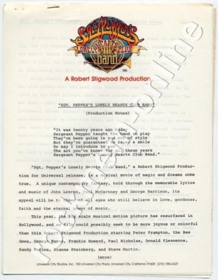 Bee Gees Production Notes Sgt. Pepper's Lonely Hearts Club Band Press Kit 1978 