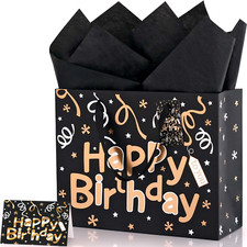 Black Gift Bag with Tissue Paper and Card, 13" Large Happy Birthday Gift Bag for