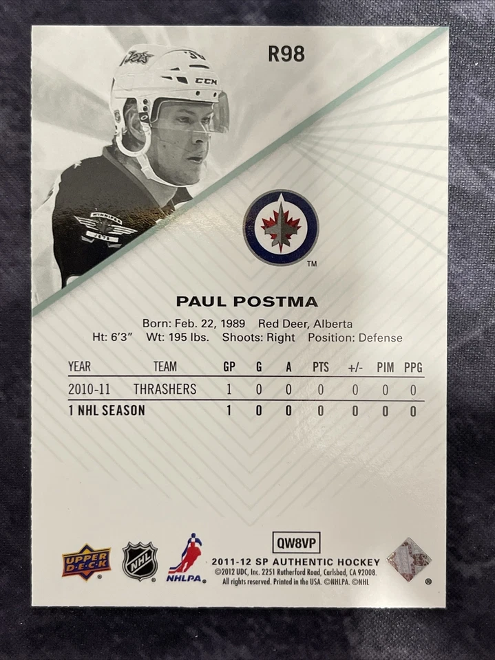 2011-12 SP Authentic Rookie Extended R98 Paul Postma Winnipeg Jets - Image 2 of 2