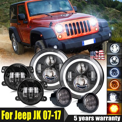 Jeep Wrangler JK (07-18) 7\" Halo LED Headlights + Fog & Tail Lights Combo – 6000K Cold White