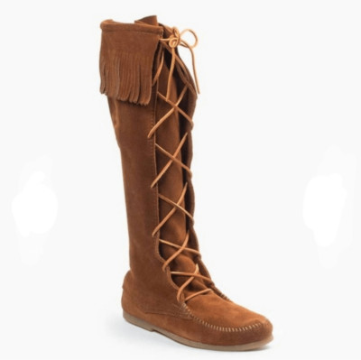 Minnetonka Brown Lace Front Knee High Suede Fringe Moccasins Festival Boots Sz 7
