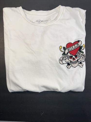 T-shirt bianca vintage Ed Hardy Love Kills Slowly Heart Skull Art - Medium - Foto 9 di 9