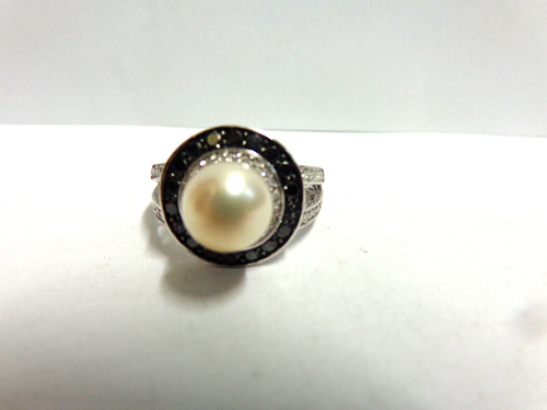 10kt white gold pearl ring w/sapphires/diamonds sz 7 wgt 5.1 tcw .76+8.5mm pearl - Picture 6 of 11