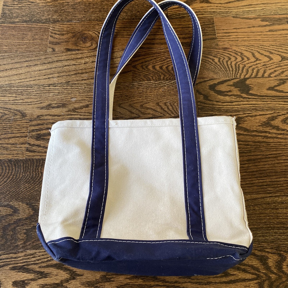 LL Bean Boat And Tote Medium Canvas Bag Beige Navy Blue Open LL Bean Boat And Tote Medium Canvas Bag Beige Navy Blue Open