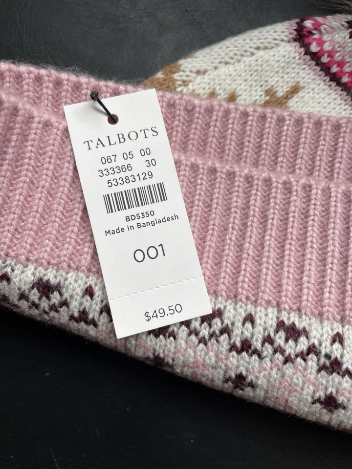 Sombrero tejido Talbots Reindeer Fair Isle, rosa/crema Pom, mezcla de algodón nuevo con etiquetas $49.50 Foto 3 de 4