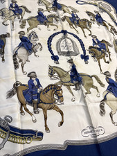 HERMES Carre 90 Silk Scarf REPRISE Equestrian Horse Rider Blue Border France