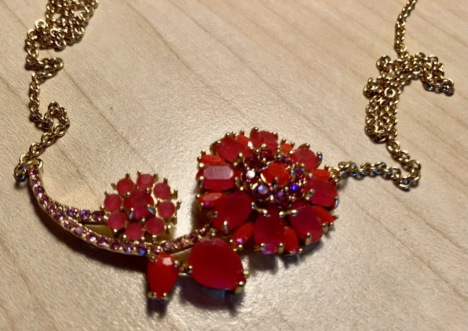 Kate Spade Red Sparkly Crystal Flower W/Pink Crystal Leaf Gold Tone 16”Necklace - Image 3 of 4