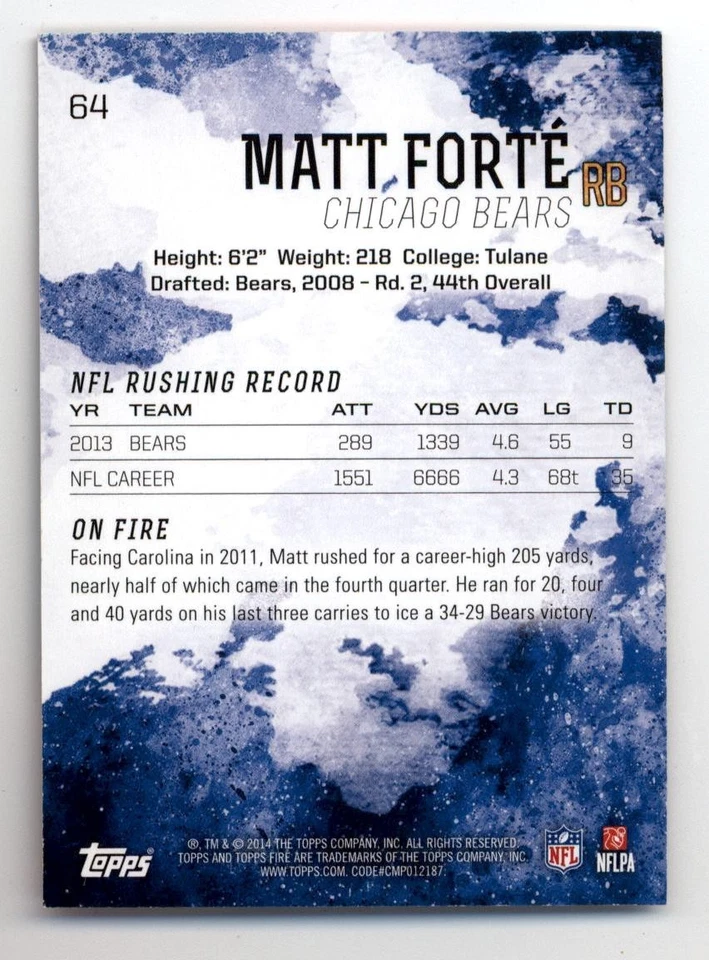 2014 Topps Fire Football Red #64 Matt Forte 1/1 One of One! - Chicago Bears - Image 2 of 2