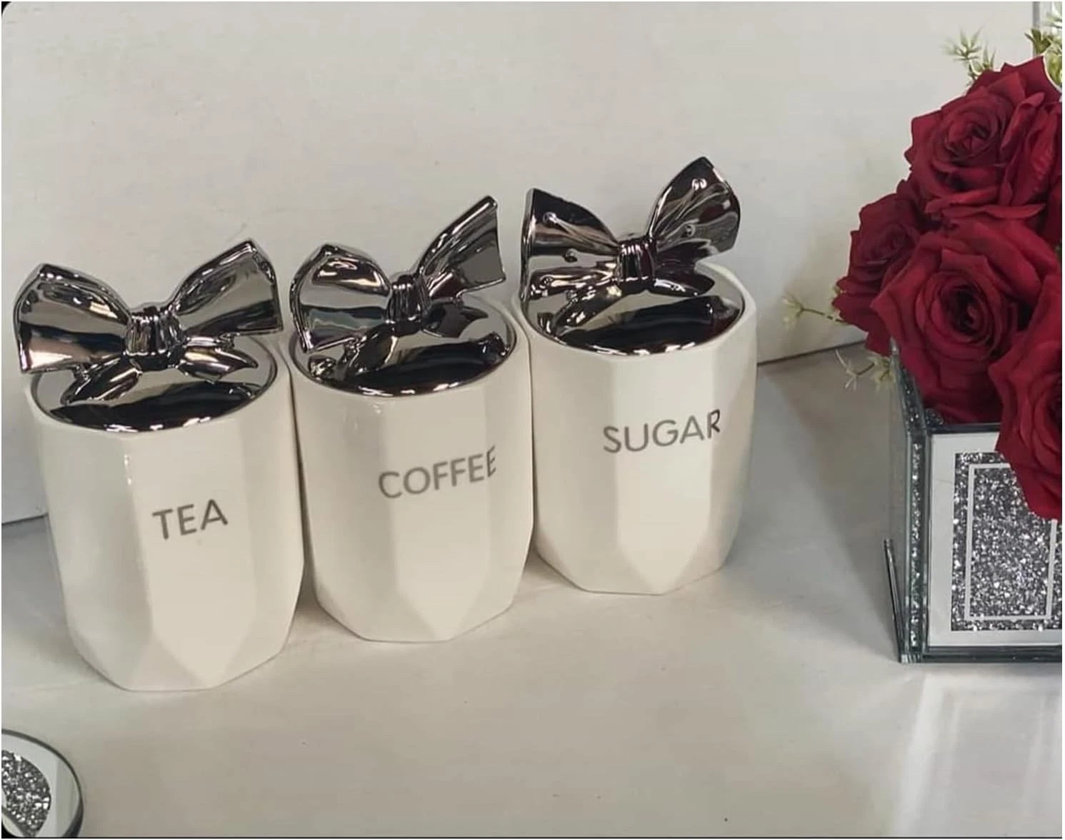 Tea Coffee Sugar Storage Jars Silver Bow Lid Ceramic Kitchen Container Canister
Opens in a new windo