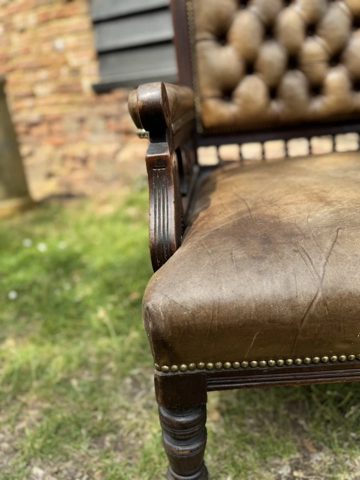 Victorian Carved Walnut & Leather Library Chair Button Back Fireside Armchair - Image 3 of 4