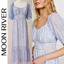 Moon River White & Blue Stripe Puff Sleeve Cottagecore Homemaker Midi Dress Sz M