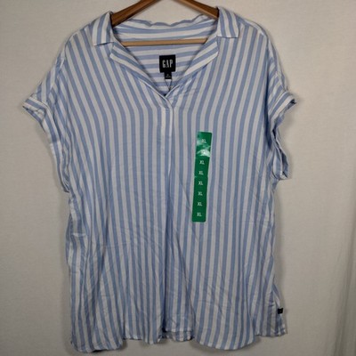 GAP Blouse Shirt Women XL Lightweight Blue White Stripe V Neck Pullover Coastal