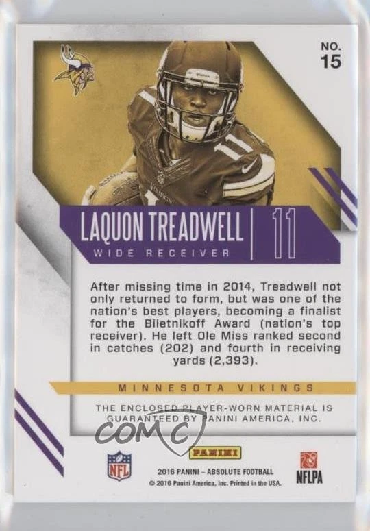 2016 Panini Absolute Rookie Jersey Patch /25 Laquon Treadwell #15 Patch RC - Image 2 of 2