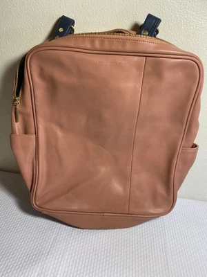 French Connection Leather Backpack Minimalist Rose Pink Navy Blue Straps Bookbag - Image 1 of 4