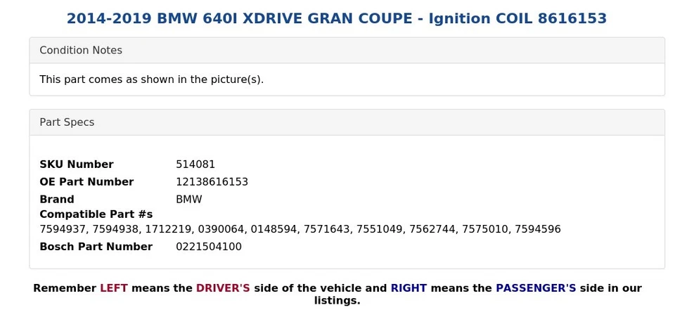 BMW 640I XDRIVE 2014-2019 gran cupé - bobina de encendido 8616153 Foto 4 de 4