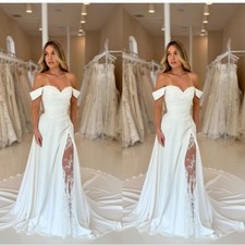 Elegant Wedding Dress Side Slit Off Shoulder Lace Satin Bridal Gown Sweep Train